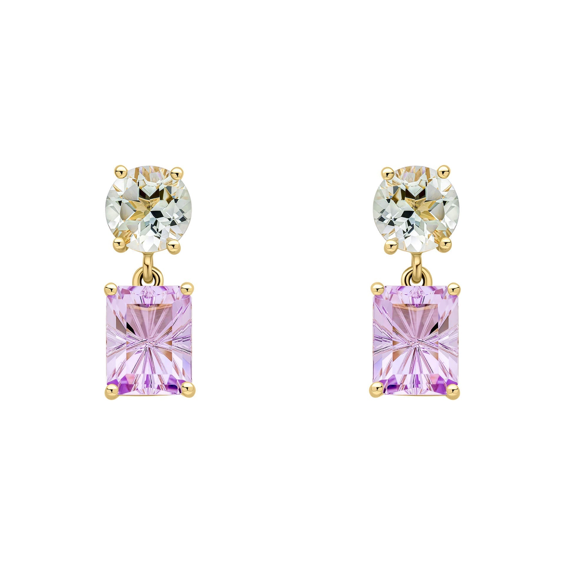 Gecko Jewellery Toi et Moi Green Quartz & Amethyst 9ct Gold Earrings