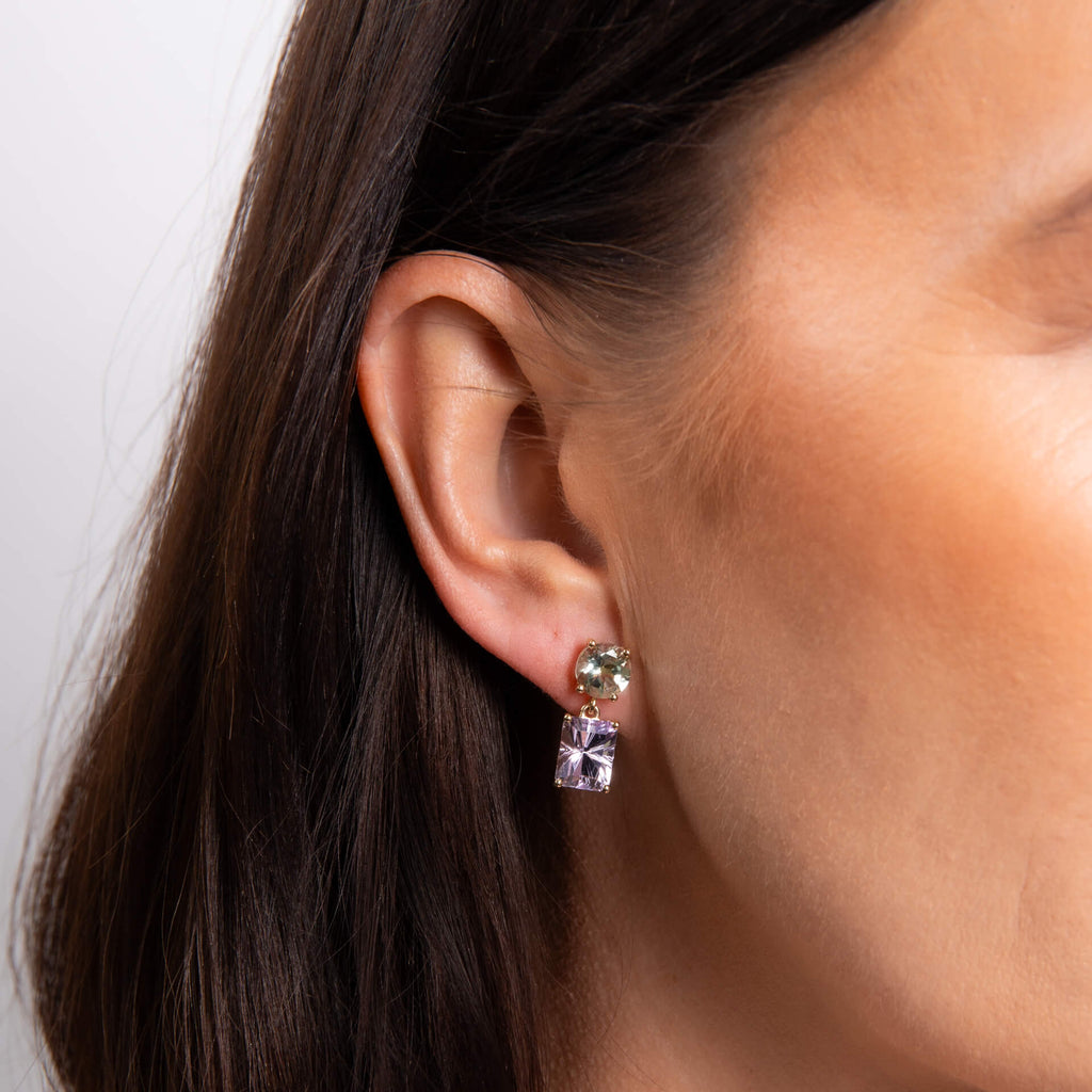 Gecko Jewellery Toi et Moi Green Quartz & Amethyst 9ct Gold Earrings