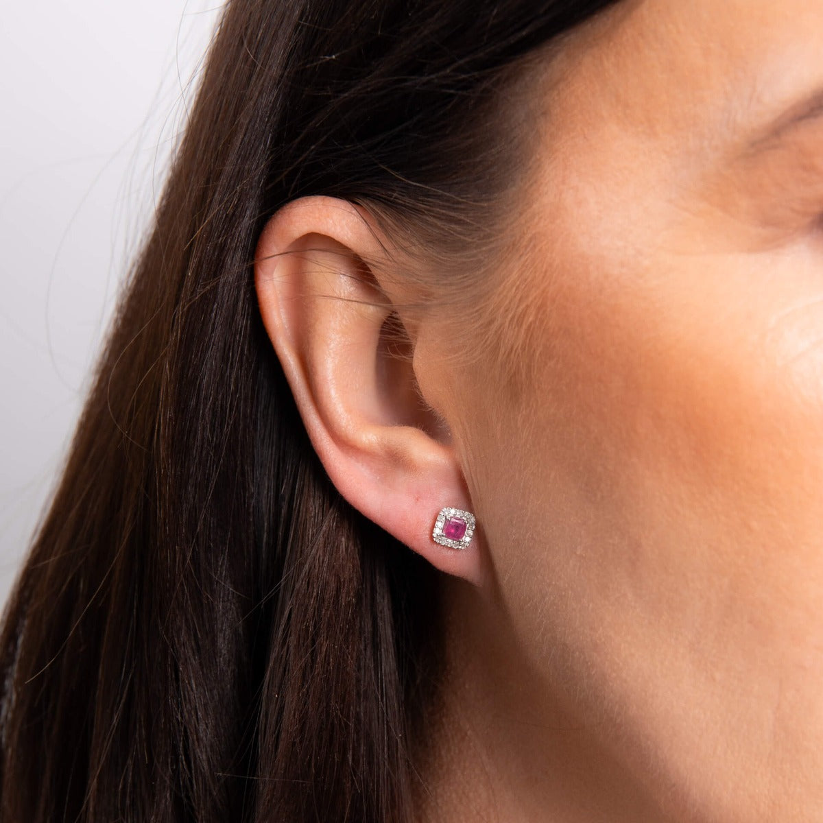 Gecko Jewellery Ruby and Diamond Halo Stud Earrings in 9ct White Gold
