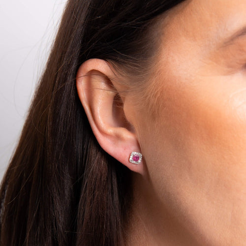 Gecko Jewellery Ruby and Diamond Halo Stud Earrings in 9ct White Gold