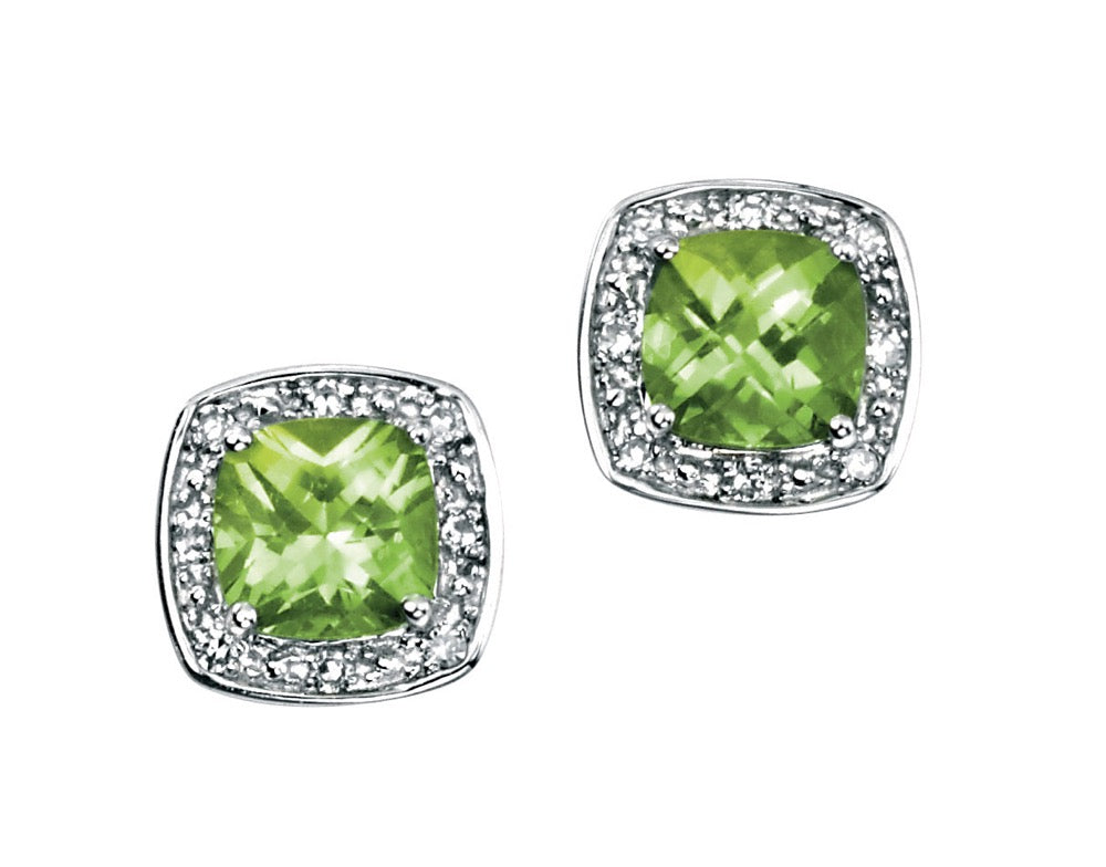 Gecko Jewellery 9ct Gold Cushion Cut Peridot and Diamond Earrings