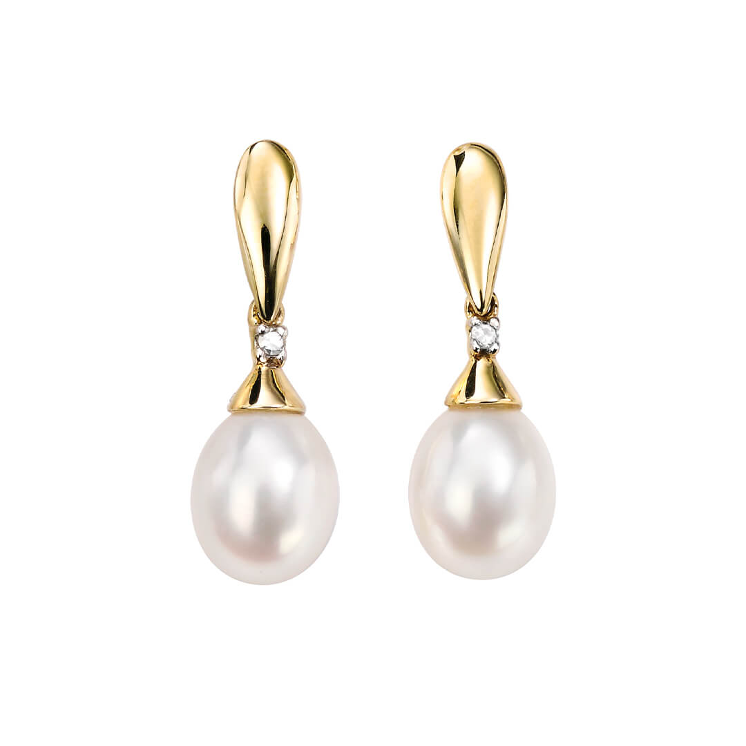 Freshwater Pearl and Diamond Drop Earrings in 9ct Gold | Gecko Jewellery