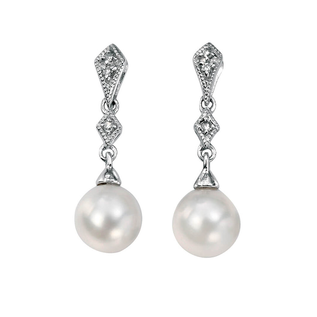 Gecko Jewellery Freshwater Pearl & Diamond Drop Earrings in 9ct White Gold