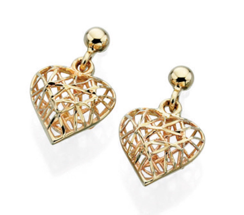 Gecko Jewellery 9ct Yellow Gold Caged Heart Drop Earrings for Women