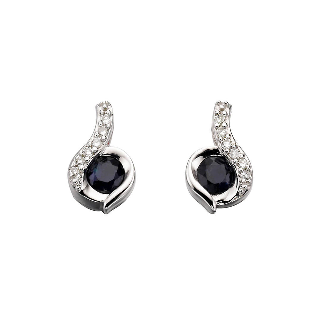 Blue Sapphire and Diamond Swirl Earrings in 9ct White Gold | Gecko