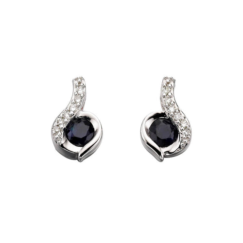 Blue Sapphire and Diamond Swirl Earrings in 9ct White Gold | Gecko