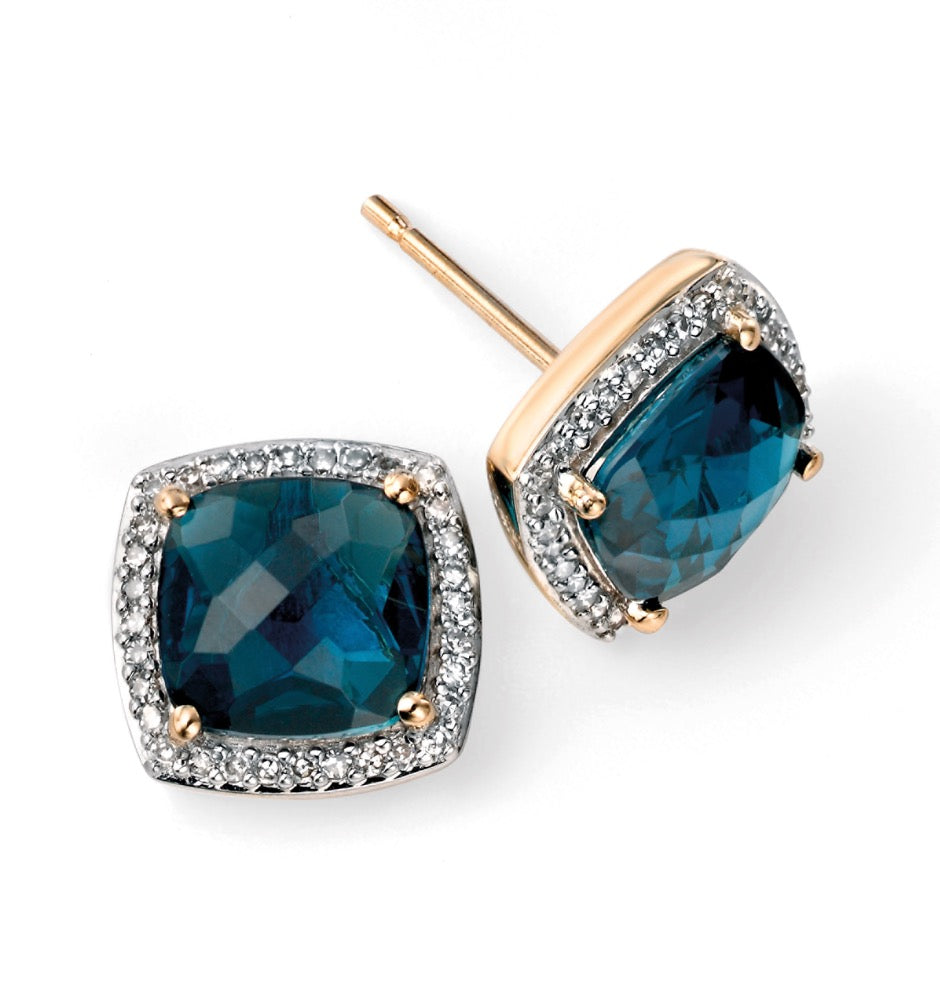 Gecko London Blue Topaz & Diamond Checkerboard Earrings in 9ct Gold