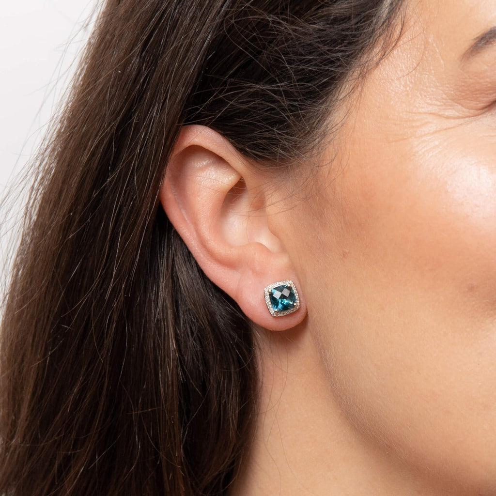 Gecko London Blue Topaz & Diamond Checkerboard Earrings in 9ct Gold