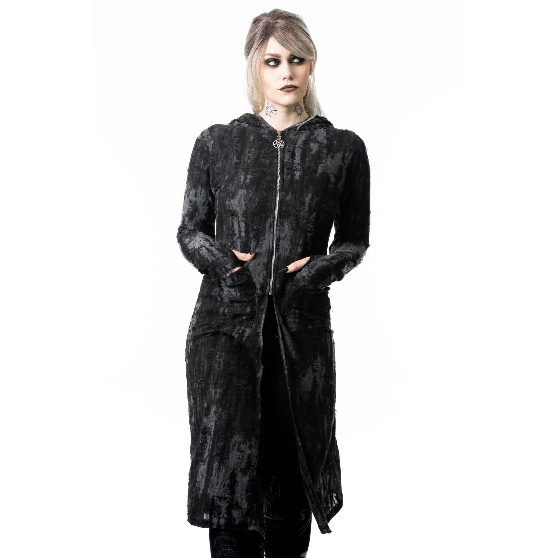 Kate's Clothing Heartless Ghoul Cardigan – Black/Grey Velvet Hooded Zip