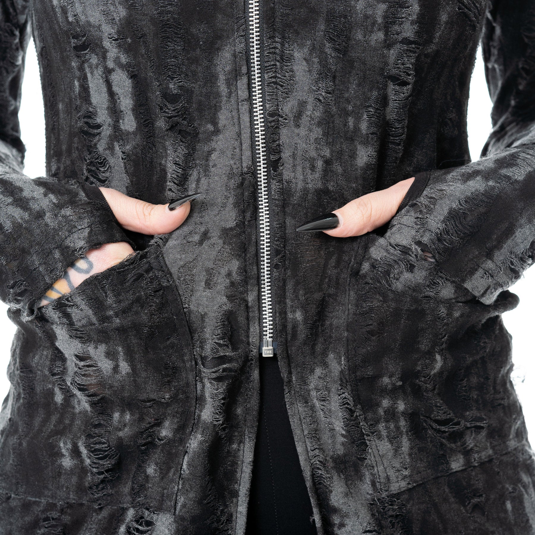 Kate's Clothing Heartless Ghoul Cardigan – Black/Grey Velvet Hooded Zip
