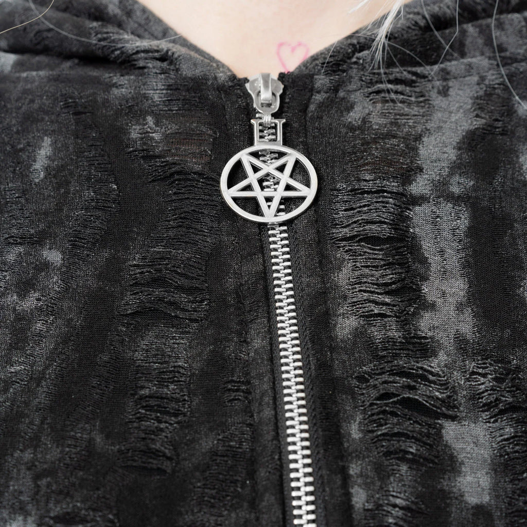 Kate's Clothing Heartless Ghoul Cardigan – Black/Grey Velvet Hooded Zip