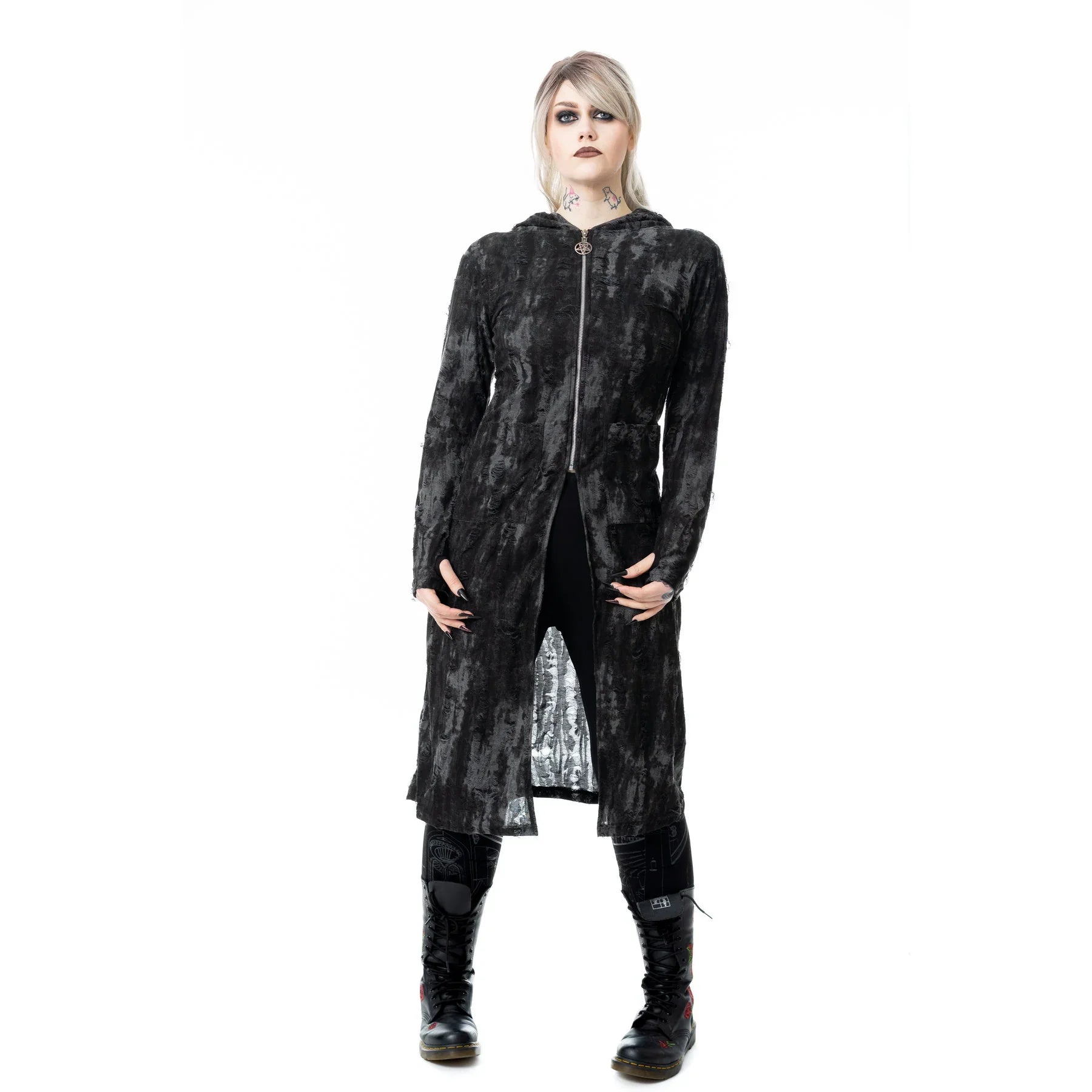 Kate's Clothing Heartless Ghoul Cardigan – Black/Grey Velvet Hooded Zip