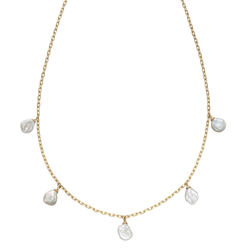 Gecko Jewellery Yellow Gold Keshi Pearl Charm Necklace – 5 Pearl Charms