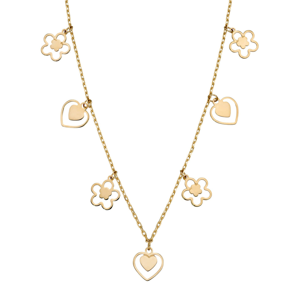 Gecko Jewellery 9ct Yellow Gold Heart and Flower Charm Necklace