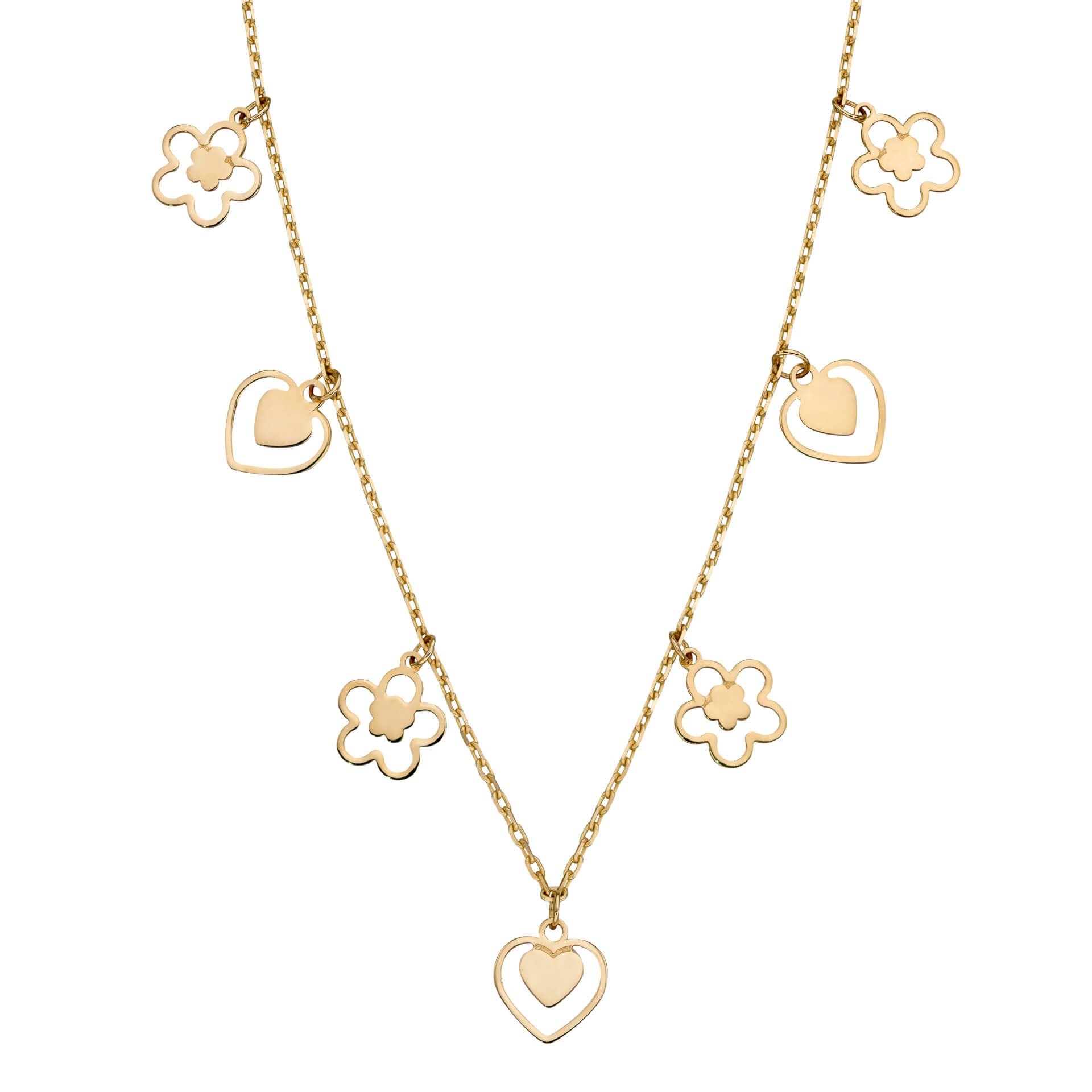 Gecko Jewellery 9ct Yellow Gold Heart and Flower Charm Necklace