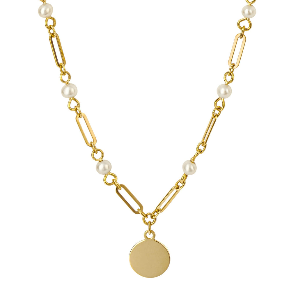 Gecko Jewellery 9ct Yellow Gold Pearl Station Necklace with Engravable Disc