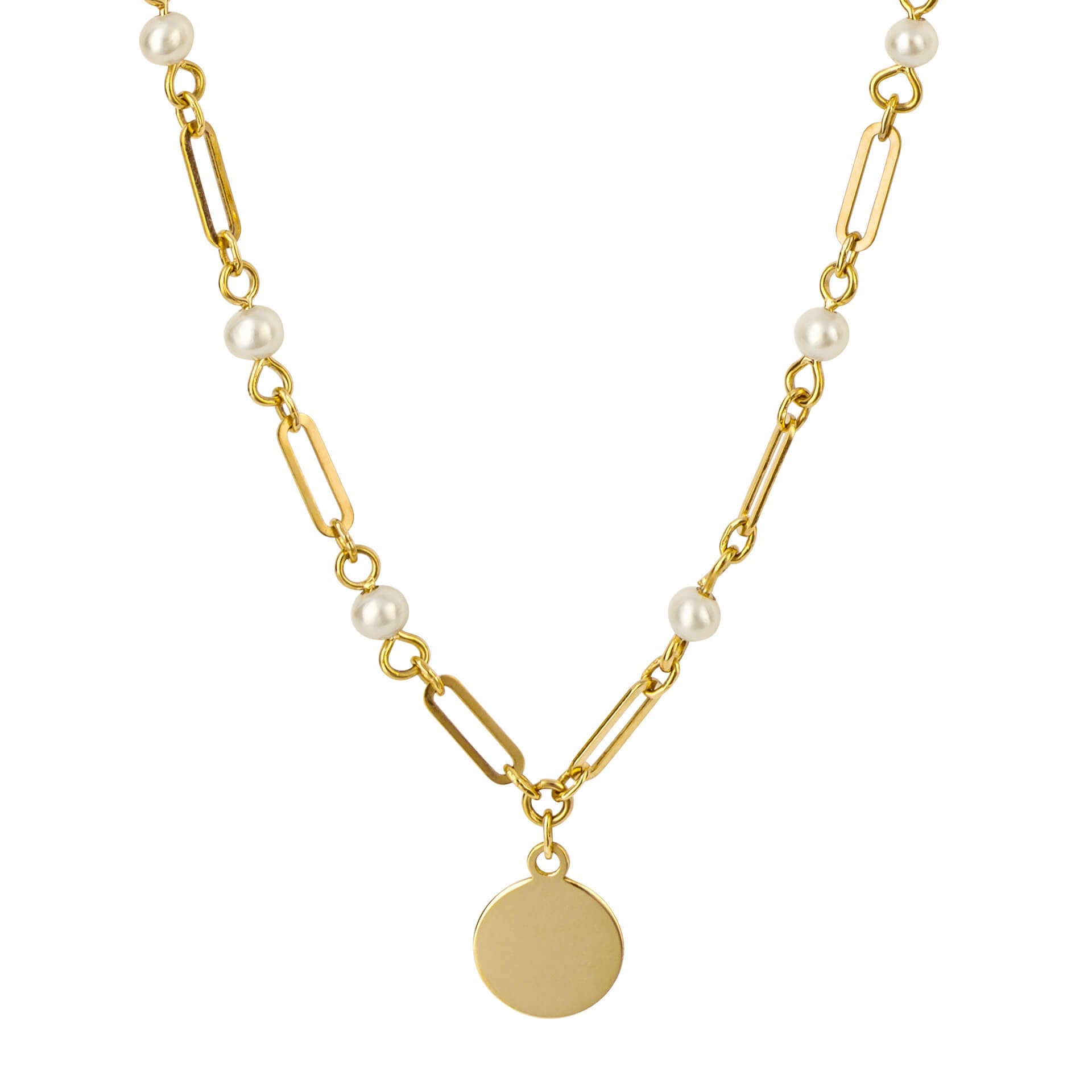 Gecko Jewellery 9ct Yellow Gold Pearl Station Necklace with Engravable Disc