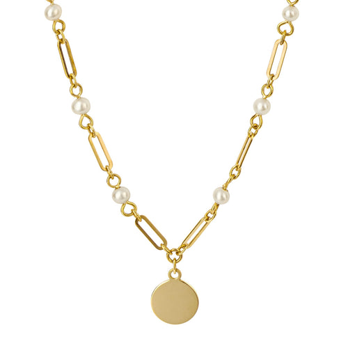 Gecko Jewellery 9ct Yellow Gold Pearl Station Necklace with Engravable Disc