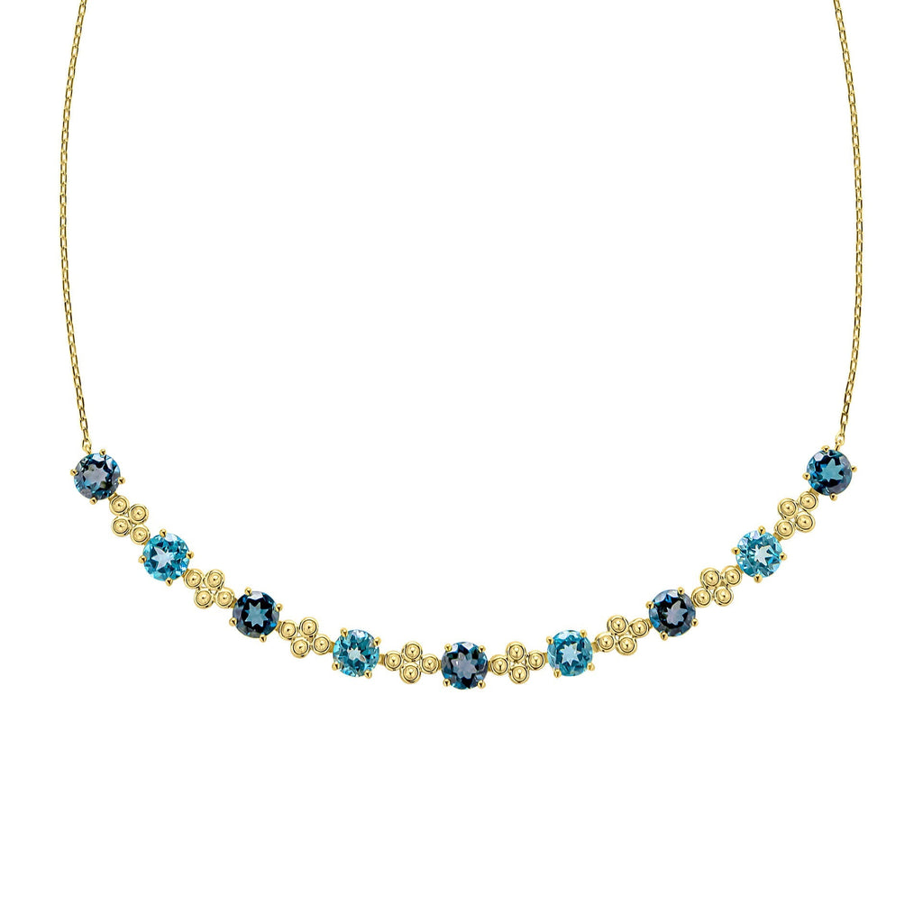Gecko Jewellery Ornate Blue Topaz Necklace in 9ct Yellow Gold