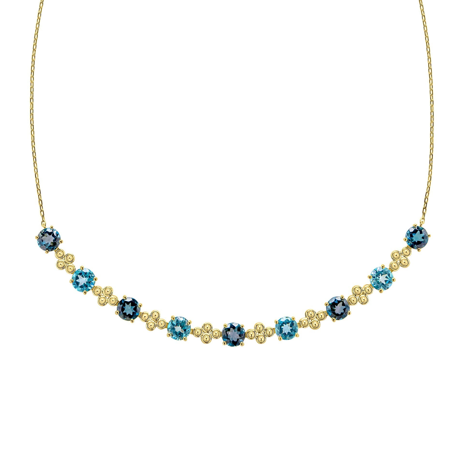 Gecko Jewellery Ornate Blue Topaz Necklace in 9ct Yellow Gold