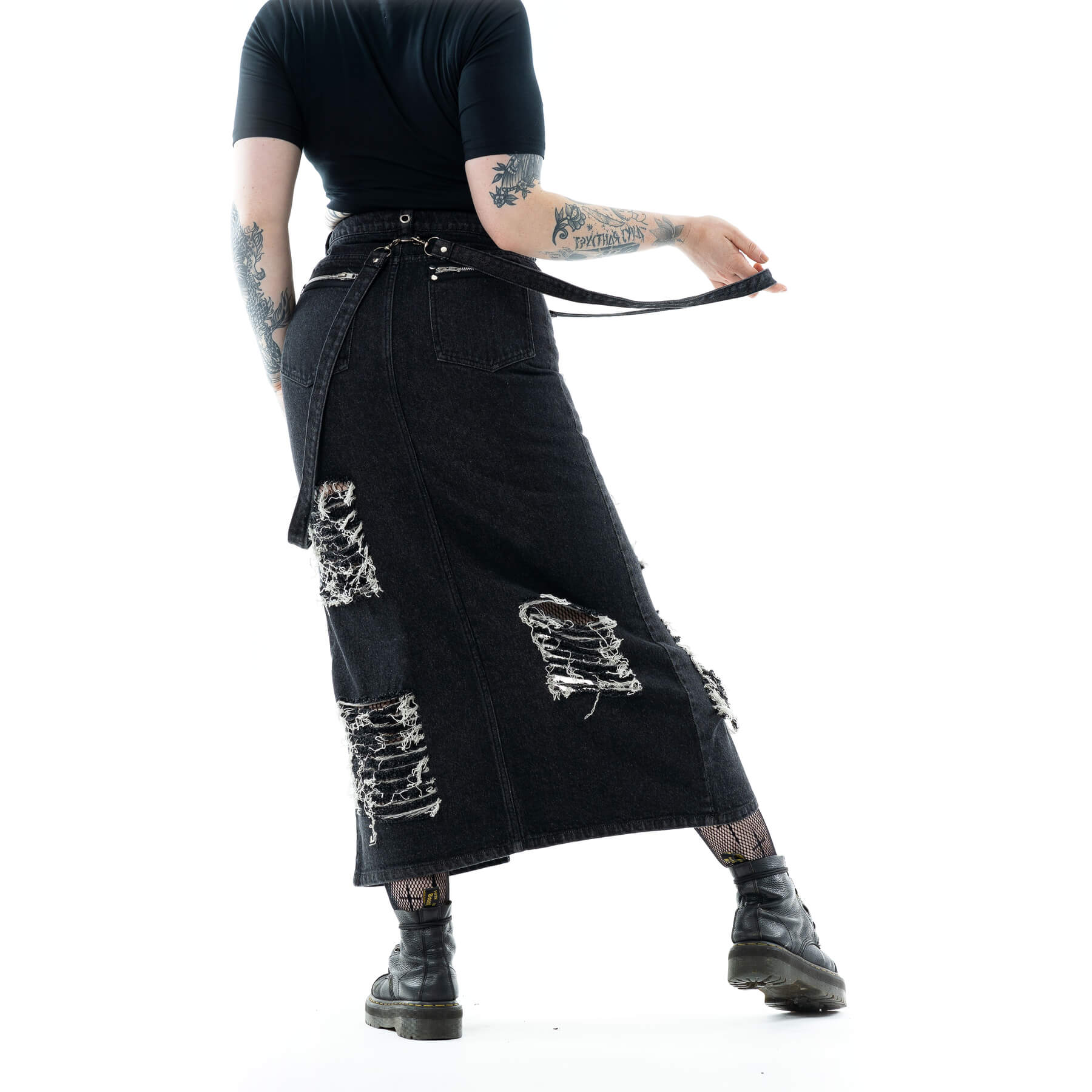 Vixxsin Runa Black Stonewash Denim Maxi Skirt | Distressed Goth Style