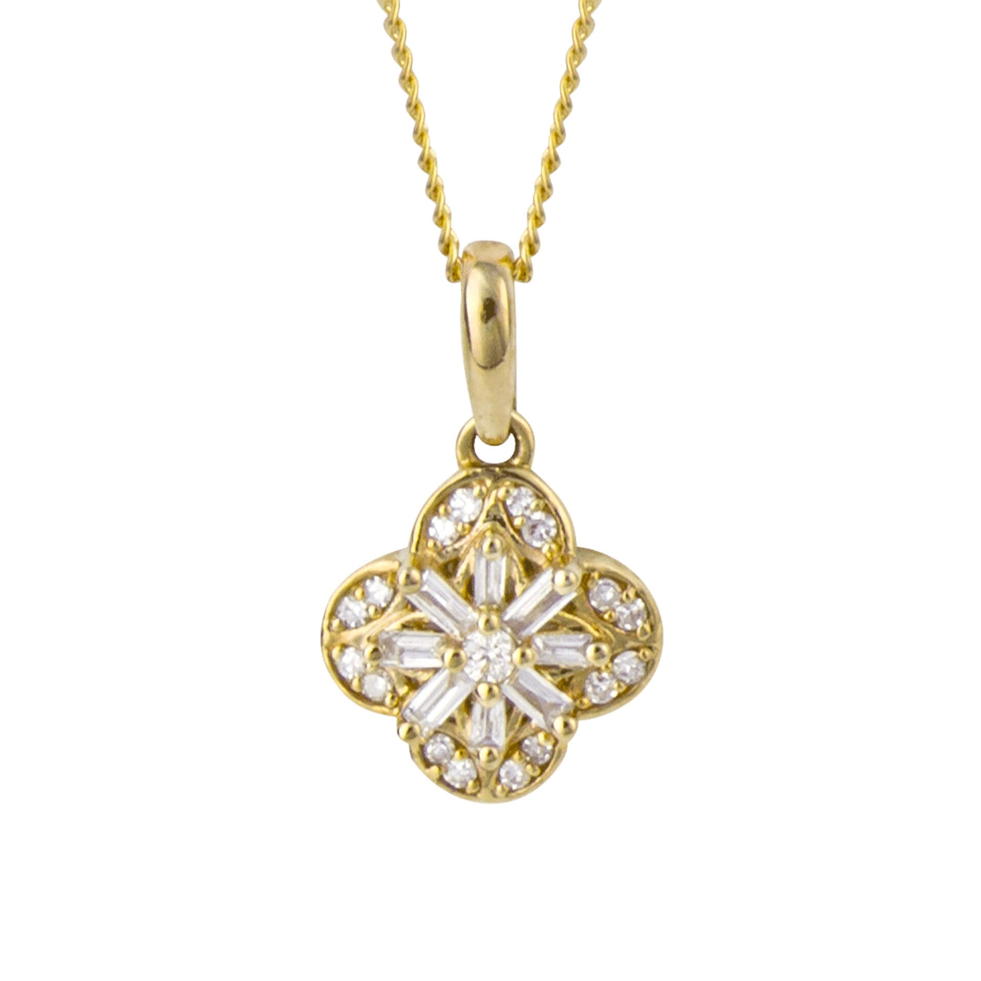 Gecko Jewellery 9ct Yellow Gold Flower Pendant with Baguette Diamonds