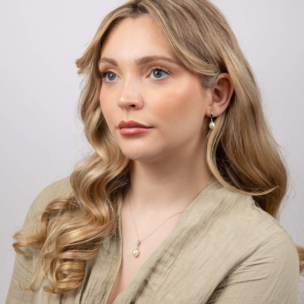 Freshwater Pearl and Diamond Drop Earrings in 9ct Gold | Gecko Jewellery