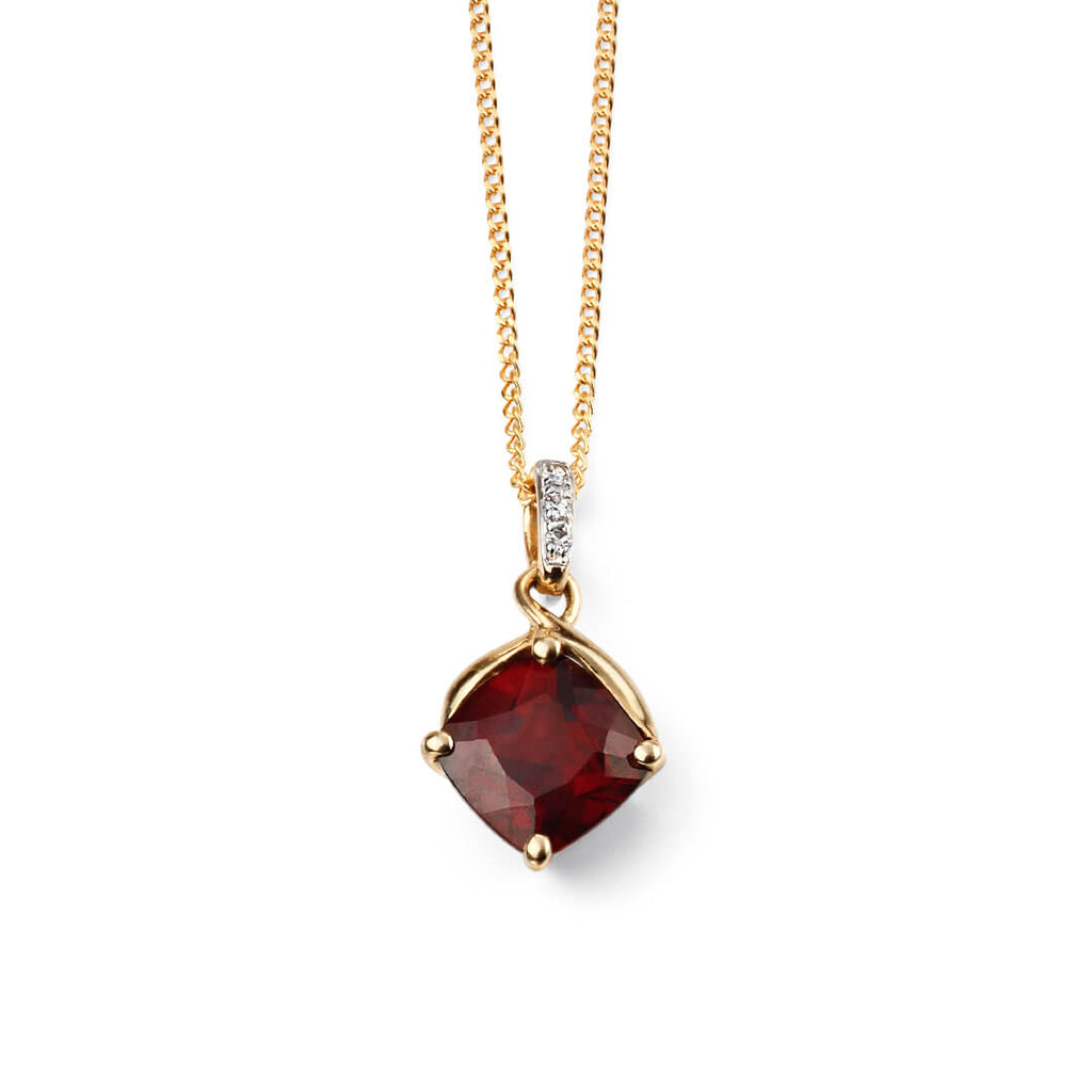 Gecko Jewellery Square Garnet Drop Pendant with Diamonds in 9ct Gold