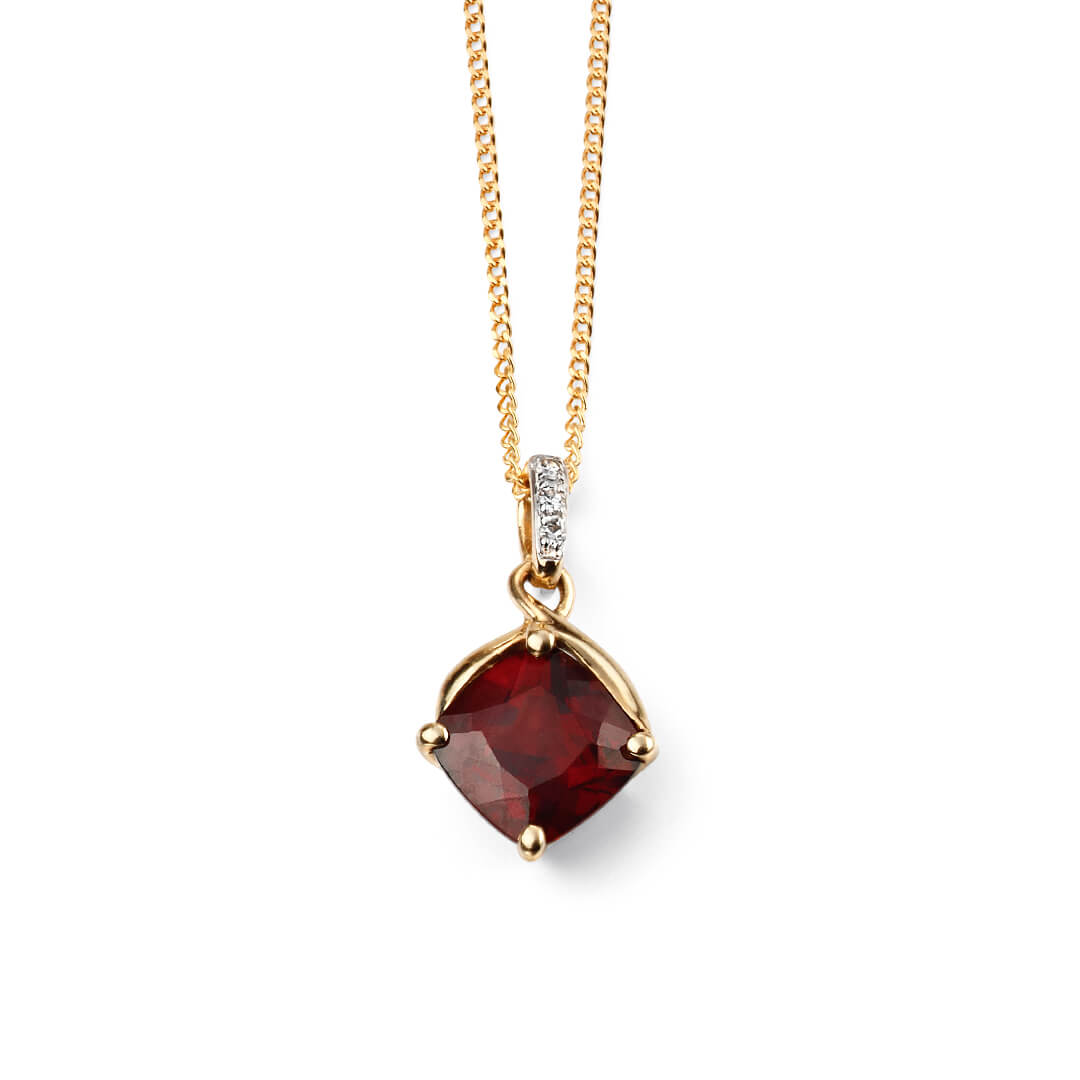 Gecko Jewellery Square Garnet Drop Pendant with Diamonds in 9ct Gold