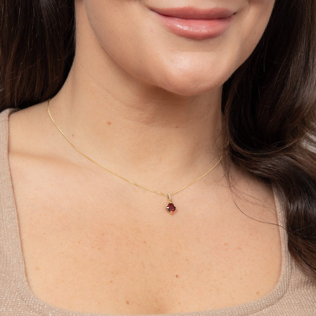 Gecko Jewellery Square Garnet Drop Pendant with Diamonds in 9ct Gold