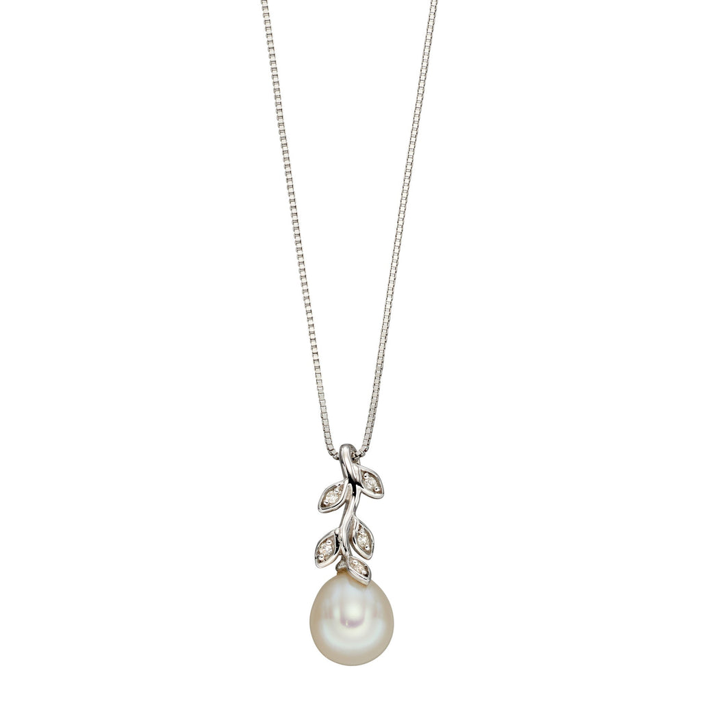 Gecko Jewellery White Gold Freshwater Pearl and Diamond Vine Pendant