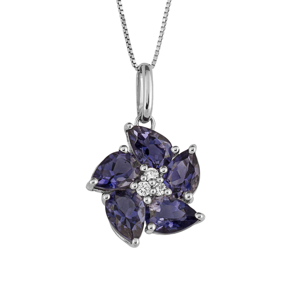 Gecko Jewellery Peony Flower Pendant | 9ct White Gold Iolite & Diamond