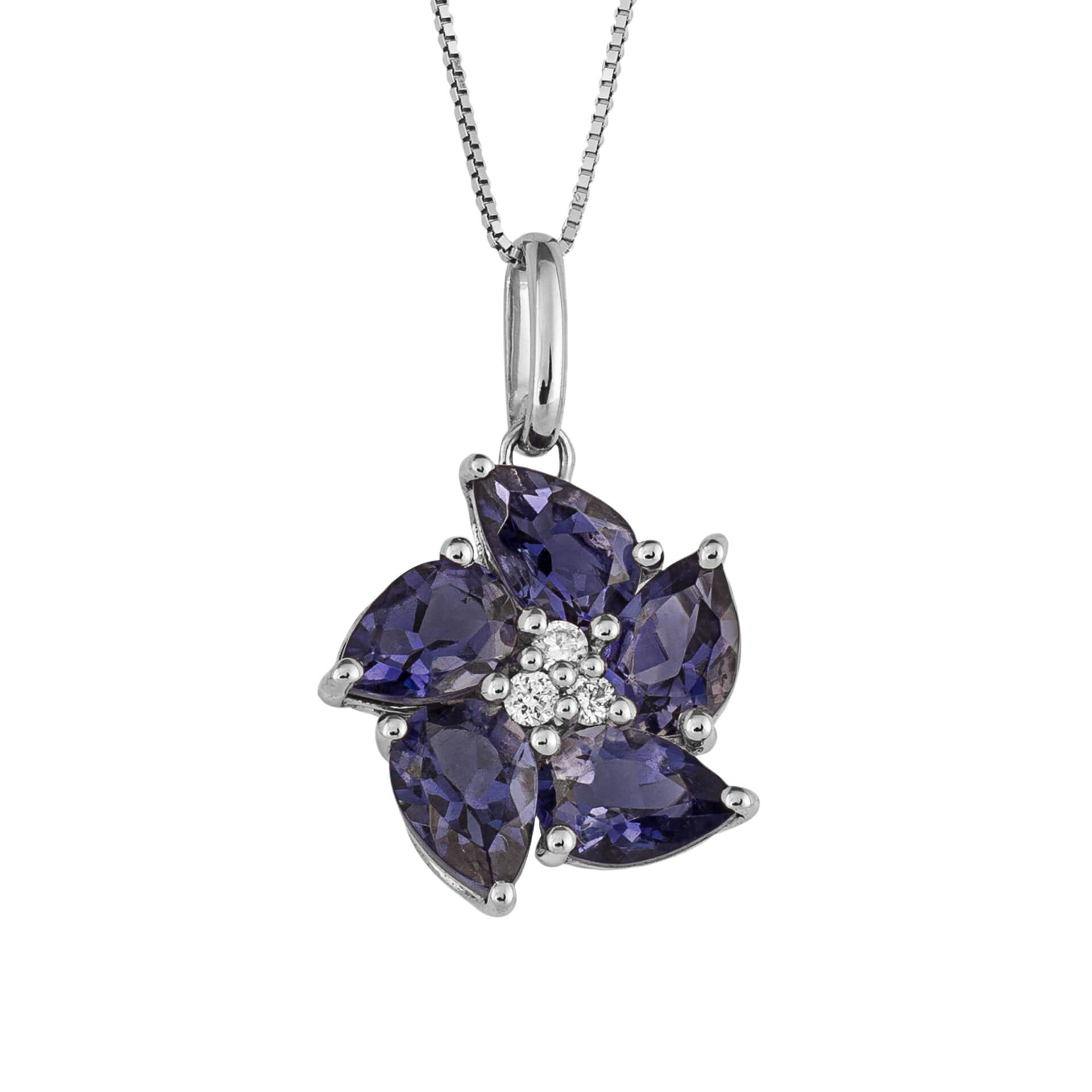 Gecko Jewellery Peony Flower Pendant | 9ct White Gold Iolite & Diamond