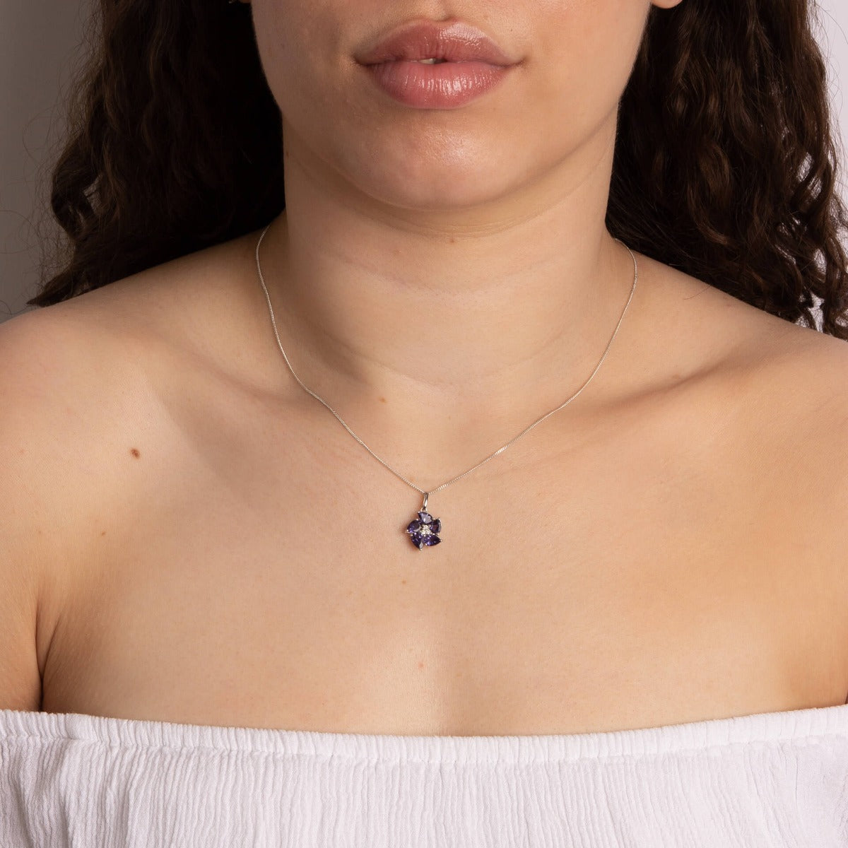 Gecko Jewellery Peony Flower Pendant | 9ct White Gold Iolite & Diamond