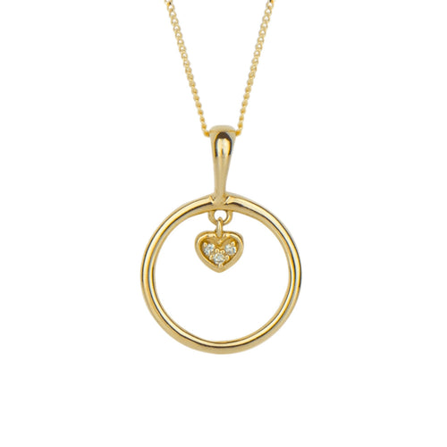 Gecko Jewellery 9ct Gold Open Circle and Diamond Heart Charm Pendant