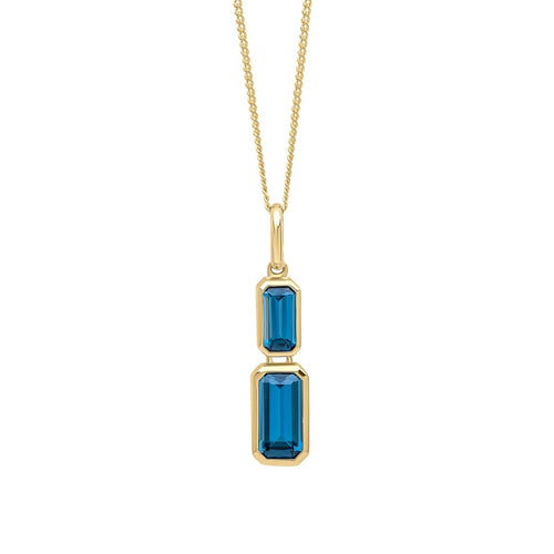 Gecko Jewellery London Blue Topaz 9ct Yellow Gold Emerald Cut Pendant