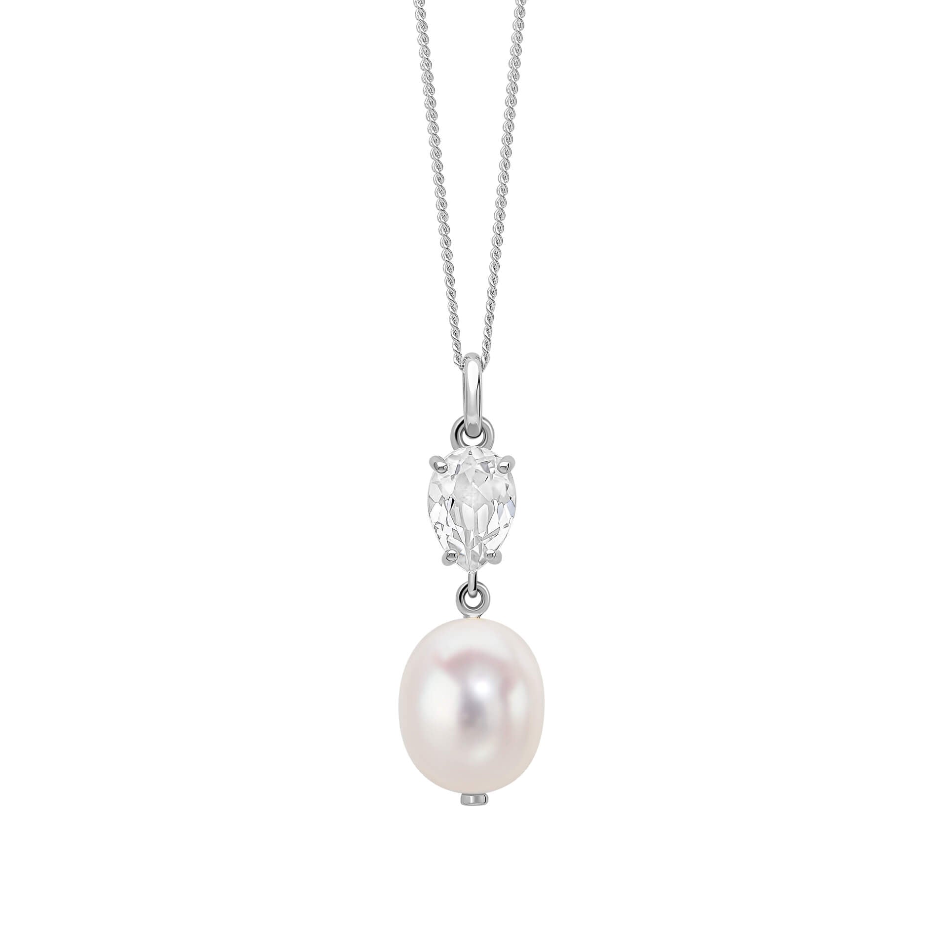 Gecko Jewellery Baroque Pearl & White Topaz Pendant in 9ct White Gold