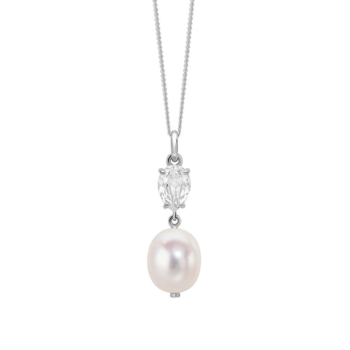 Gecko Jewellery Baroque Pearl & White Topaz Pendant in 9ct White Gold