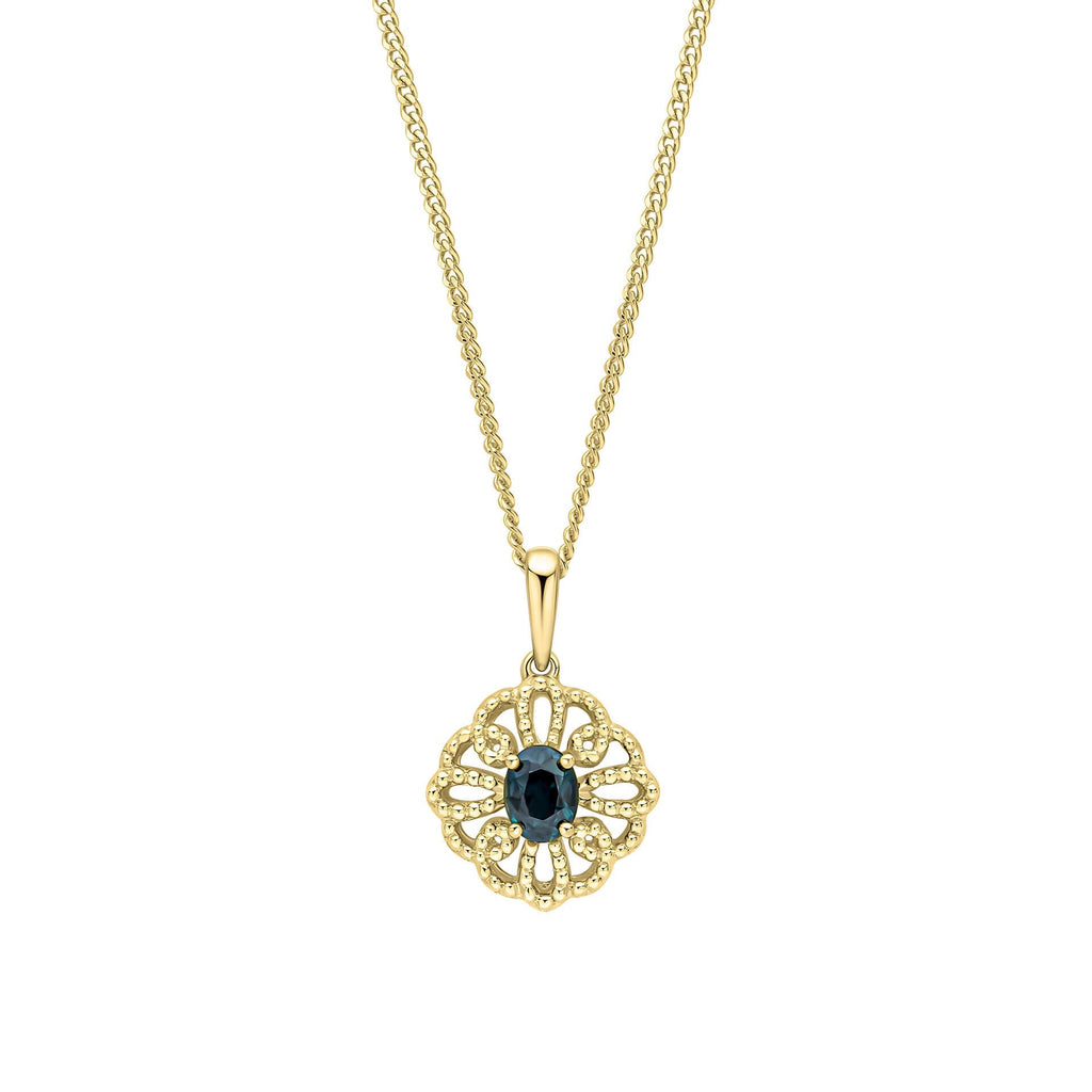 Gecko Jewellery Ornate Sapphire Pendant | 9ct Yellow Gold Vintage Style