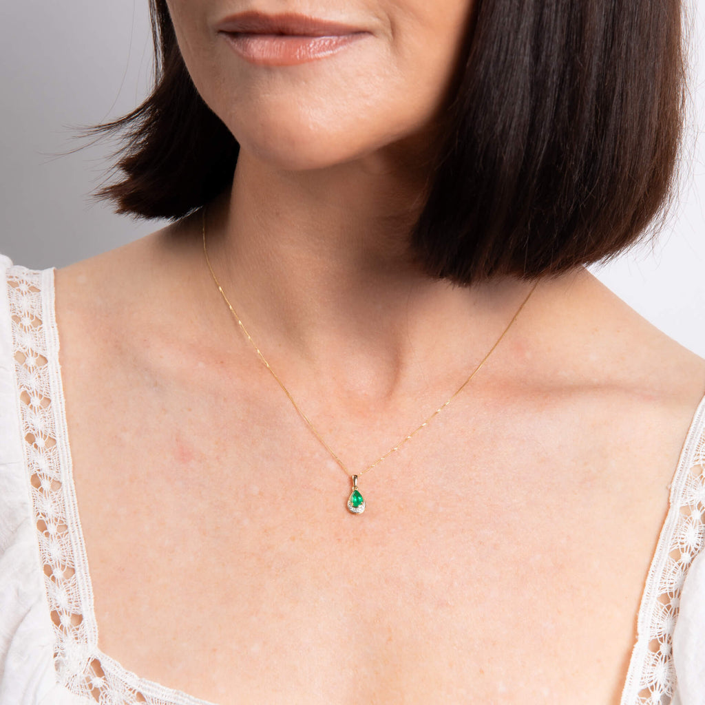 Gecko Jewellery Teardrop Emerald and Diamond Pendant in 9ct Yellow Gold