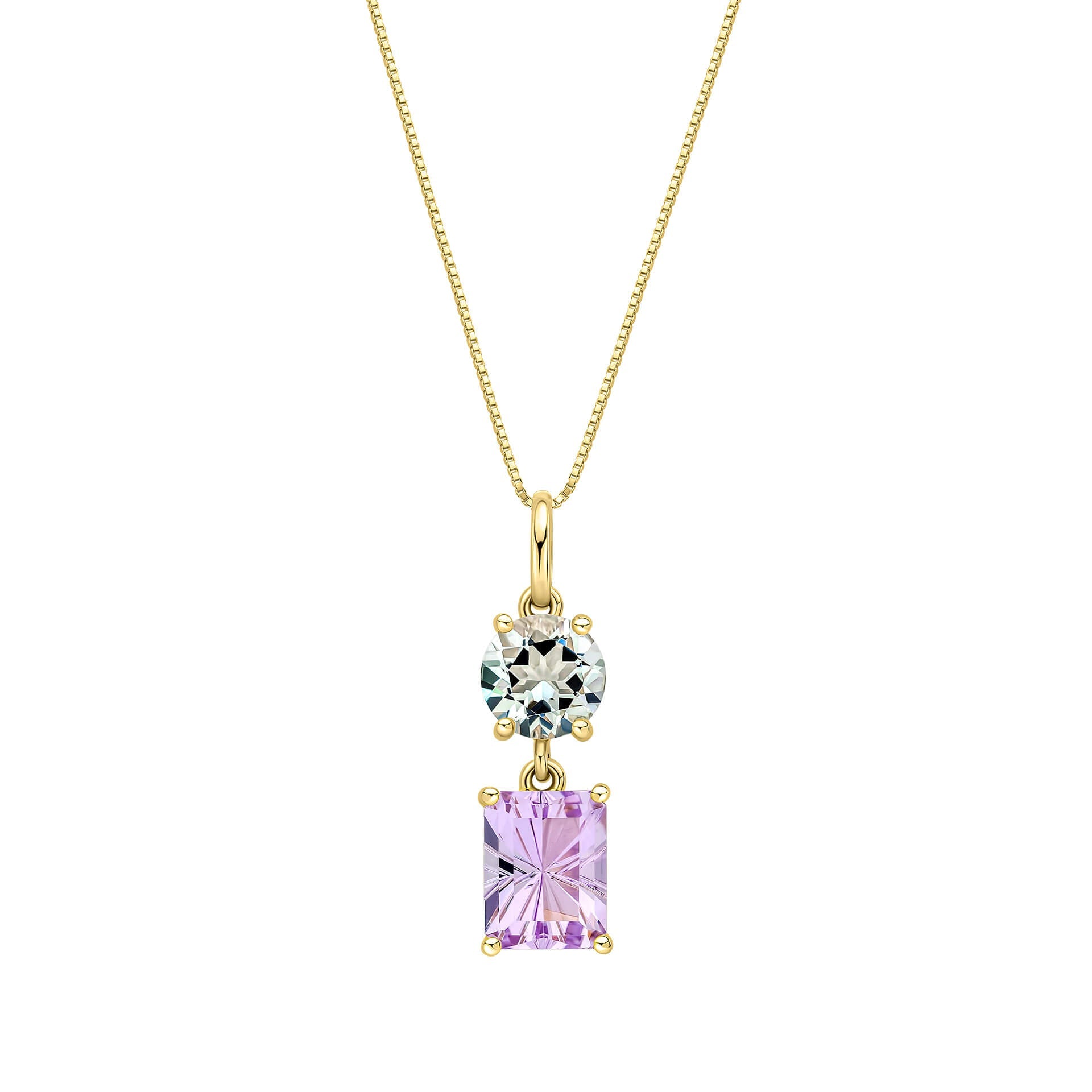 Gecko Jewellery Toi et Moi Green Quartz and Amethyst 9ct Gold Pendant