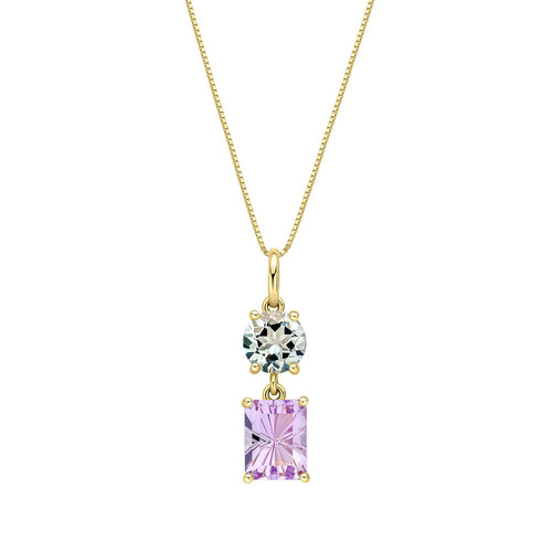Gecko Jewellery Toi et Moi Green Quartz and Amethyst 9ct Gold Pendant