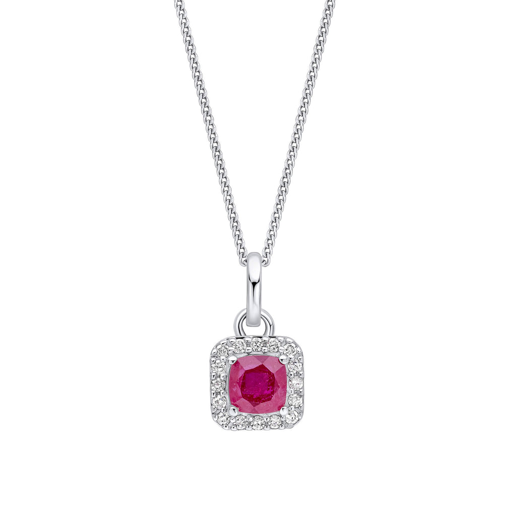 Gecko Jewellery Cushion Cut Ruby & Diamond Halo Pendant in 9ct White Gold
