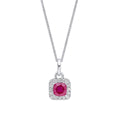 Gecko Jewellery Cushion Cut Ruby & Diamond Halo Pendant in 9ct White Gold