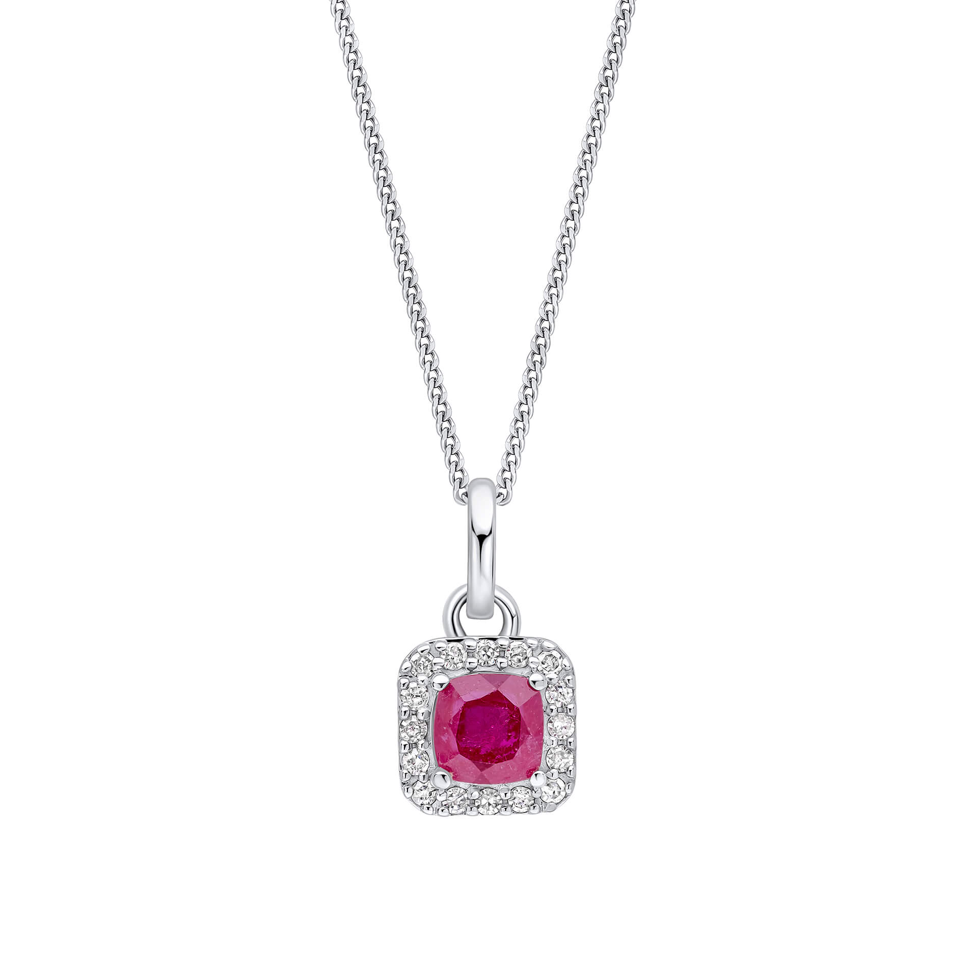 Gecko Jewellery Cushion Cut Ruby & Diamond Halo Pendant in 9ct White Gold