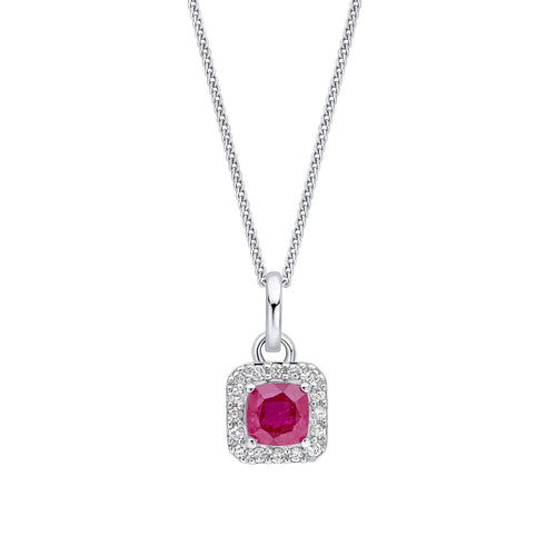 Gecko Jewellery Cushion Cut Ruby & Diamond Halo Pendant in 9ct White Gold