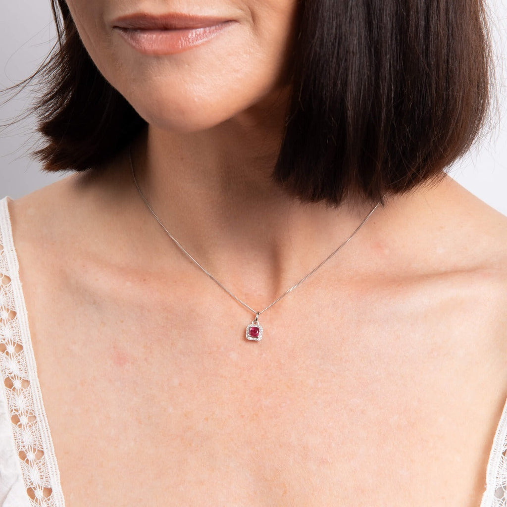Gecko Jewellery Cushion Cut Ruby & Diamond Halo Pendant in 9ct White Gold