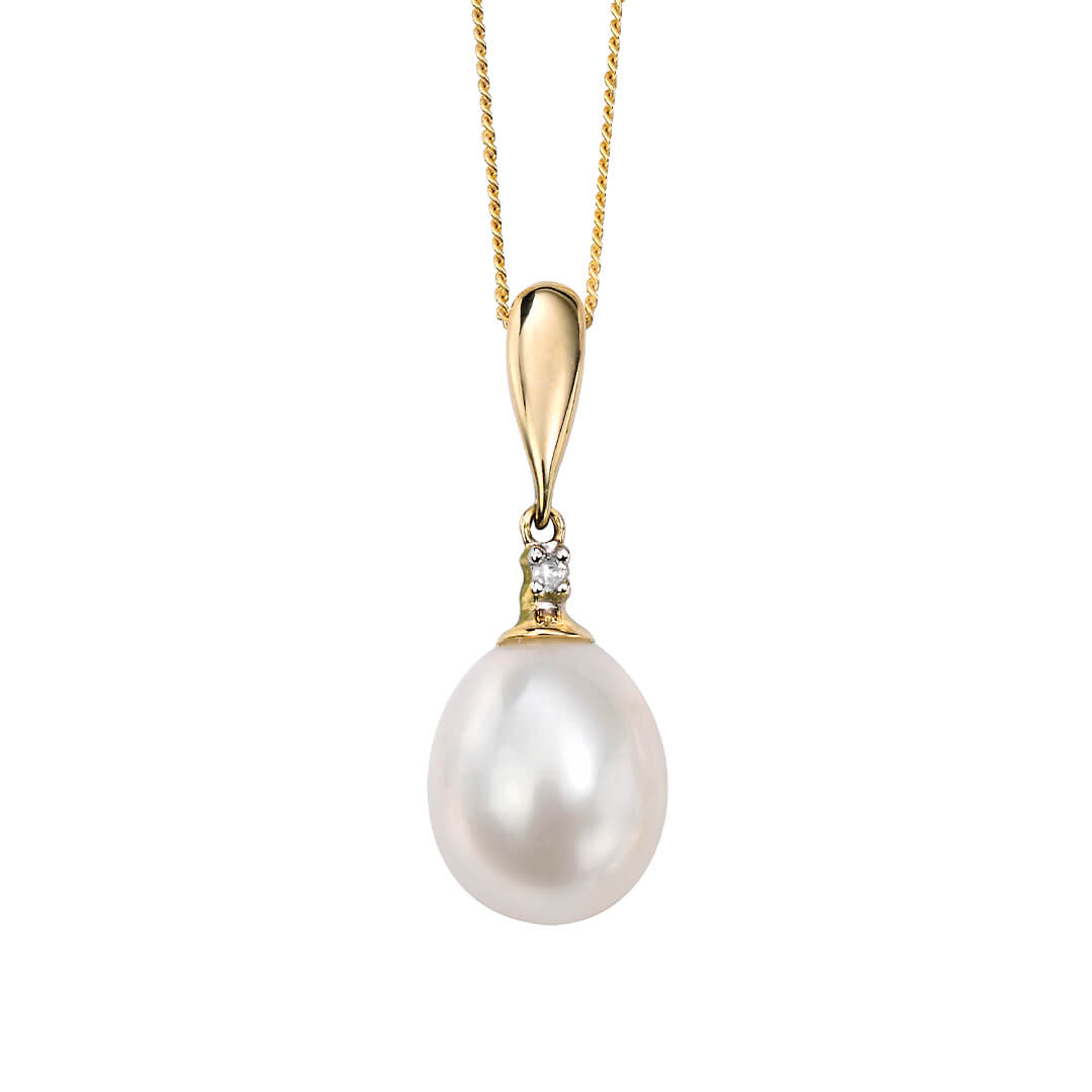 Gecko Jewellery 9ct Gold Freshwater Pearl and Diamond Drop Pendant