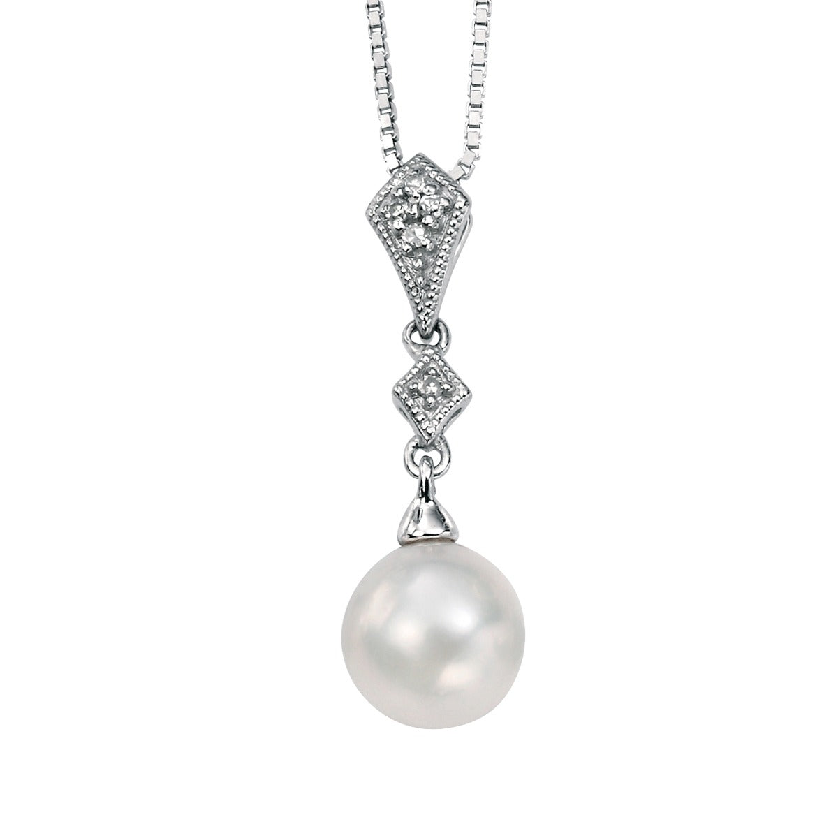 Gecko Jewellery Freshwater Pearl and Diamond Drop Pendant in 9ct White Gold