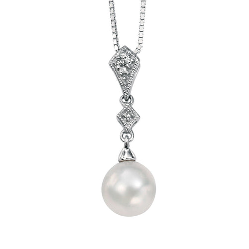 Gecko Jewellery Freshwater Pearl and Diamond Drop Pendant in 9ct White Gold